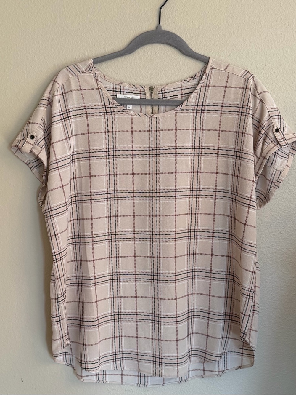 Maurices Light Blush Plaid Roll-Tab Sleeve Blouse